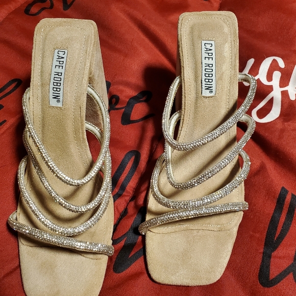 🔥Nude Rhinestone Strap Chunky Heel Mule Sandal - Picture 7 of 8